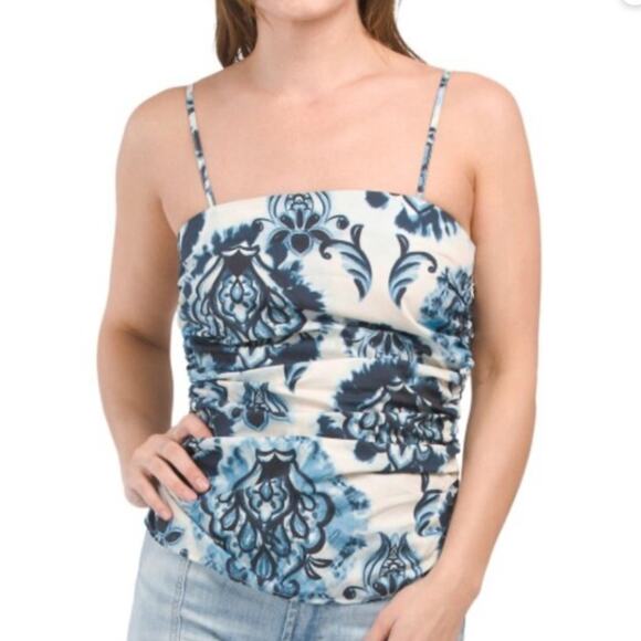 New Zara Ruched Blue Paisley Spaghetti Strap Tank Top SIZE Small - Picture 1 of 10